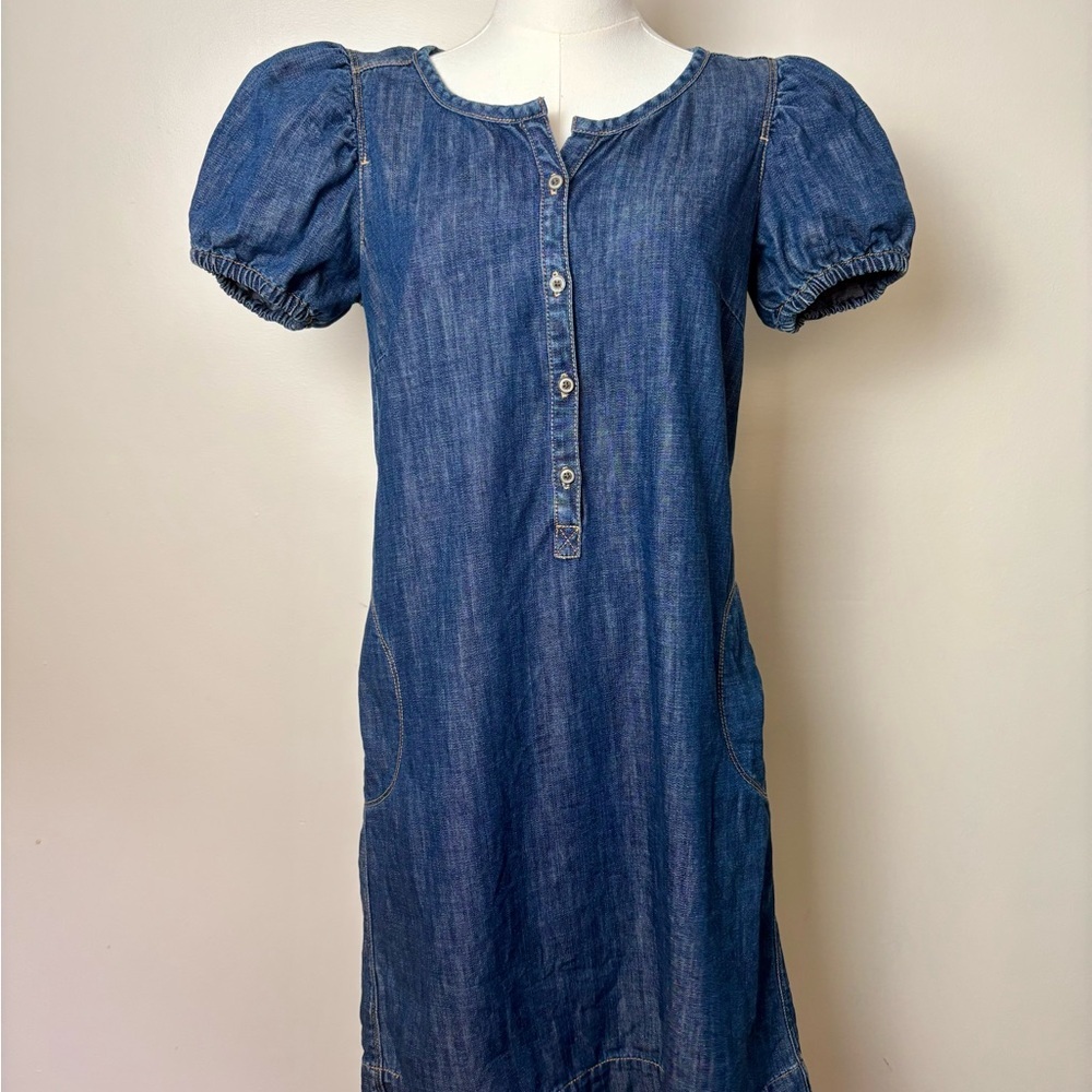 GAP Puff Sleeve Denim Midi Dress Button Down Front Functional Side Pockets. Sz S